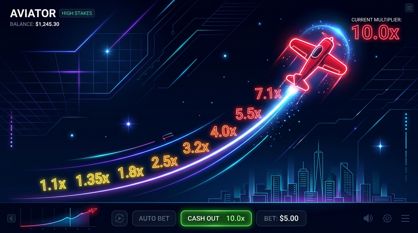 Aviator game interface showing the plane taking off with rising multiplier