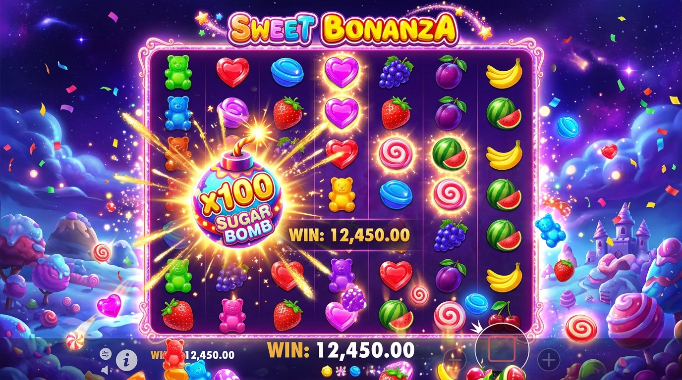 Sweet Bonanza slot game interface showing candy symbols and multipliers